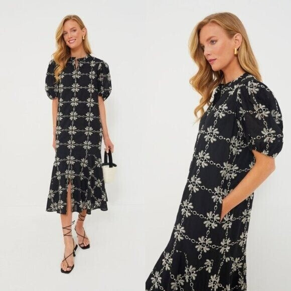 Tuckernuck NEW Black Eyelet Lewis Puff Sleeve Embroidered Maxi Dress Size XS